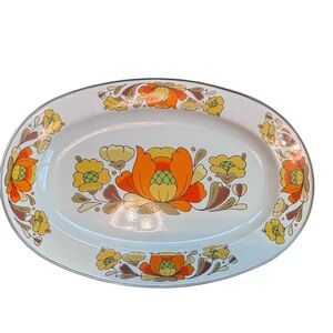 Sanko Ware Country Flowers Porcelain Enamel Serving Platter 18"x12" Vintage 70s